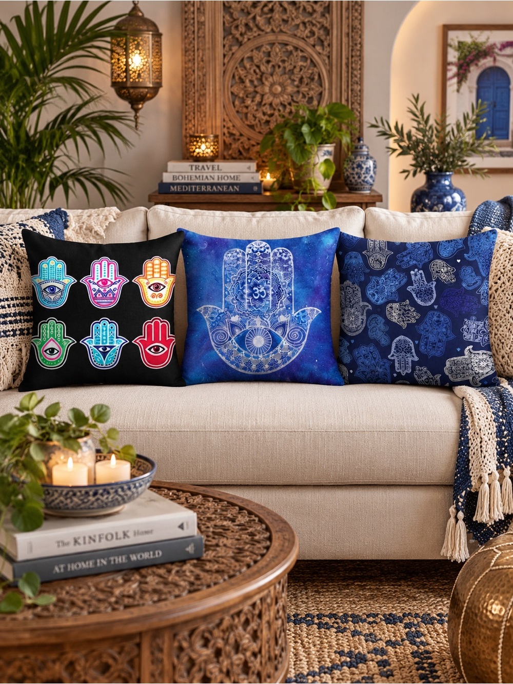 The Eleanor Collection Set of 3 Hamsa Evil Eye Pillow Covers 17.7x17.7 NWT
